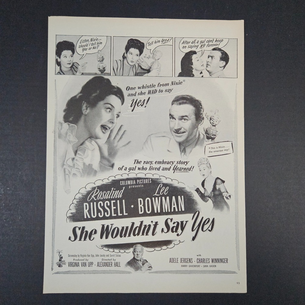 1945 Columbia Pictures She‎ Wouldn't Say Yes Movie Vintage Ad Rosalind Russell